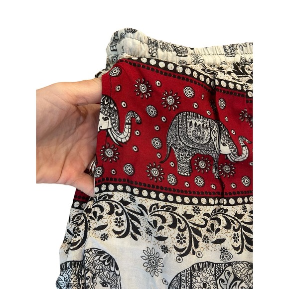 Thailand Elephant Red, Black,White Pattern Boho Drawstring Wide Leg Pants Medium - Picture 4 of 6